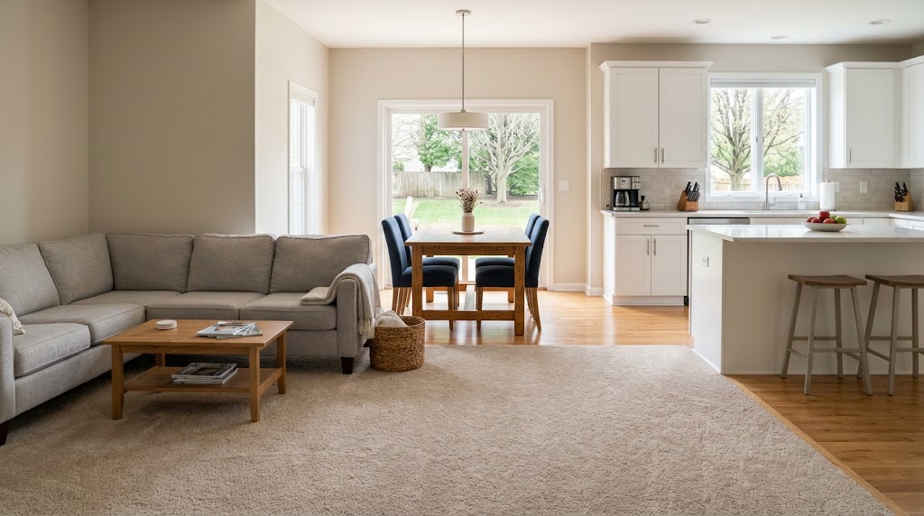 Chicago home interior with a clean kitchen and carpeted living area