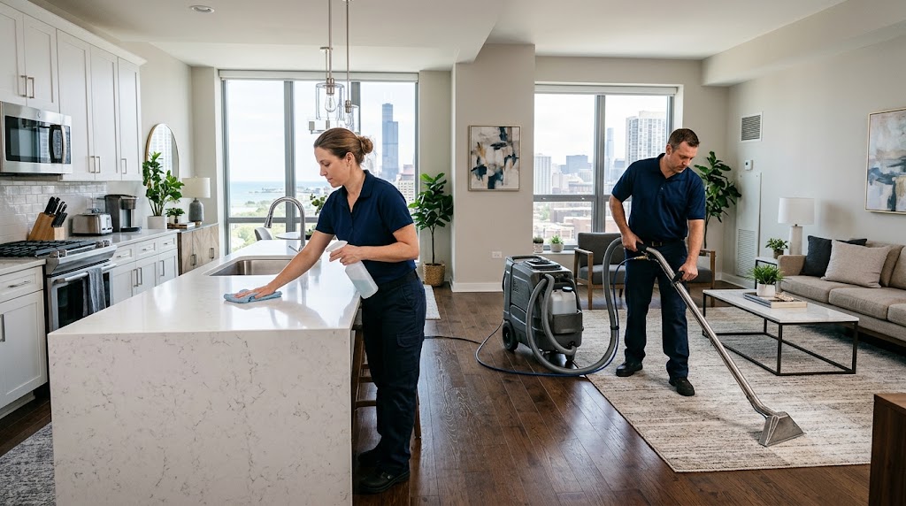 Residential interior illustrating coordinated home and carpet cleaning services